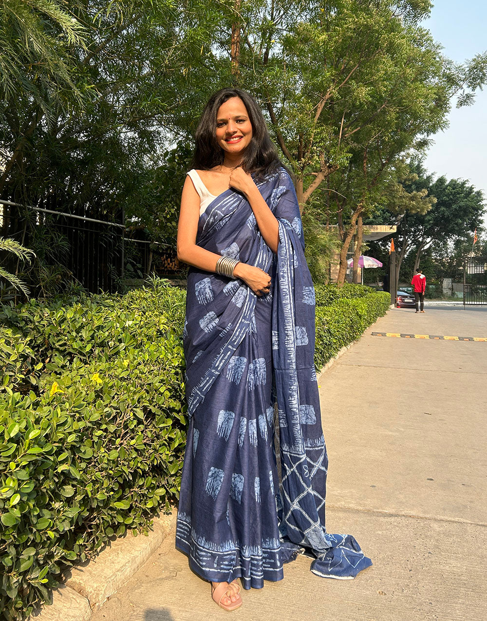 Light Indigo Pure Soft Cotton Saree With Block Printed Work