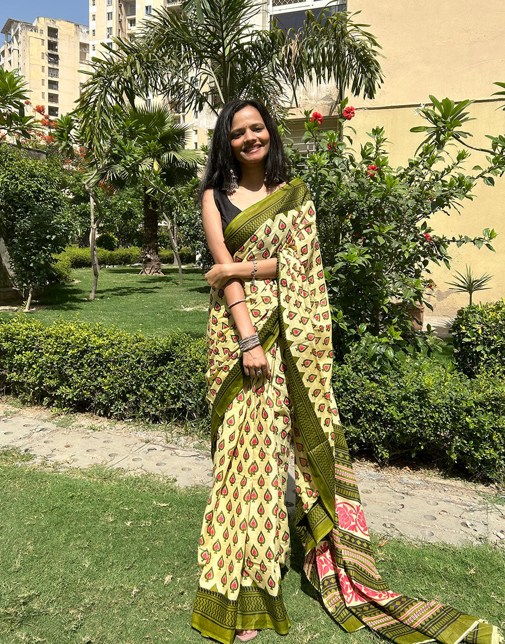 Daffodil Yellow Soft Pure Cotton Saree With Block Printed Work