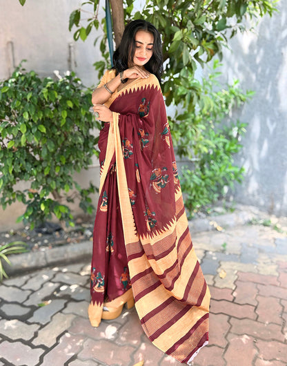 Dark Maroon Soft Pure Mulmul Cotton Saree With Printed Work