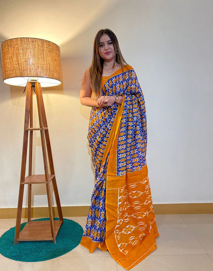 Navy Blue & Fire Yellow Soft Pure Cotton Jaipur Saree With Block Printed Work