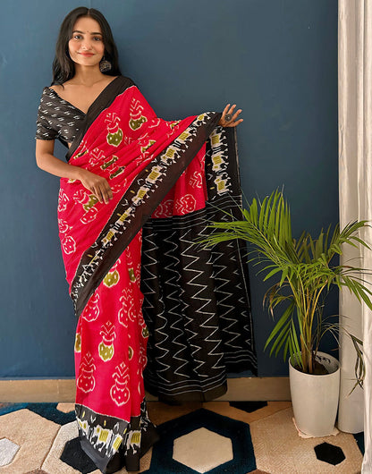 Rose Red Pure Soft Cotton Saree With Block Printed Work