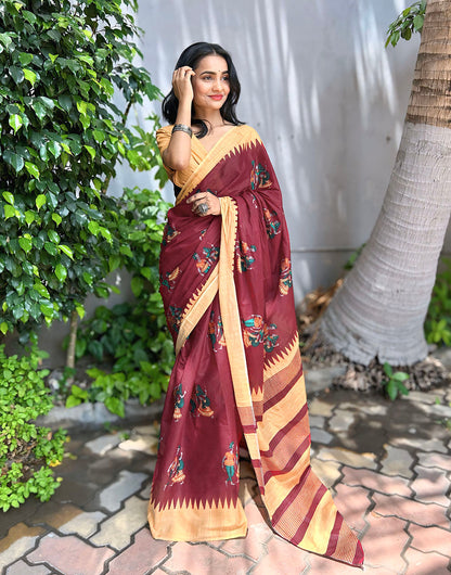 Dark Maroon Soft Pure Mulmul Cotton Saree With Printed Work