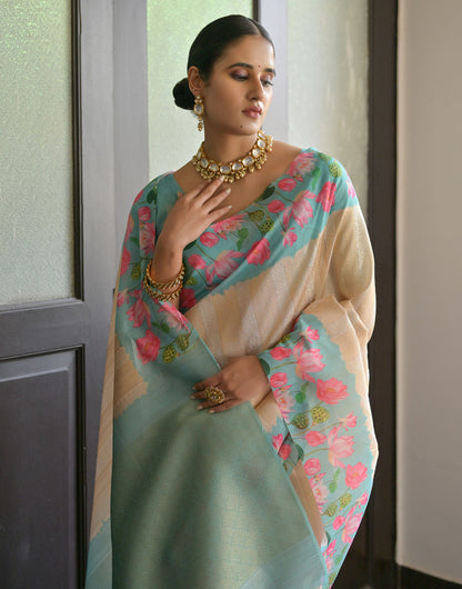 Pista Green & Cream Soft Silk Saree With Flower Printed Work