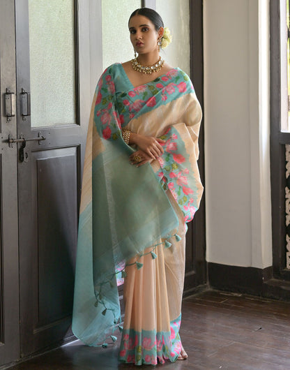 Pista Green & Cream Soft Silk Saree With Flower Printed Work