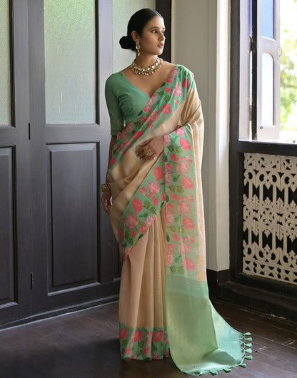 Pista Green & Cream Soft Silk Saree With Flower Printed Work