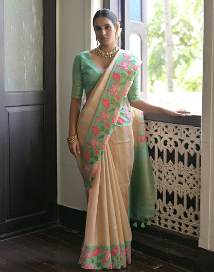 Pista Green & Cream Soft Silk Saree With Flower Printed Work