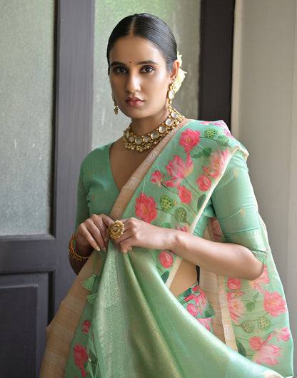 Pista Green & Cream Soft Silk Saree With Flower Printed Work