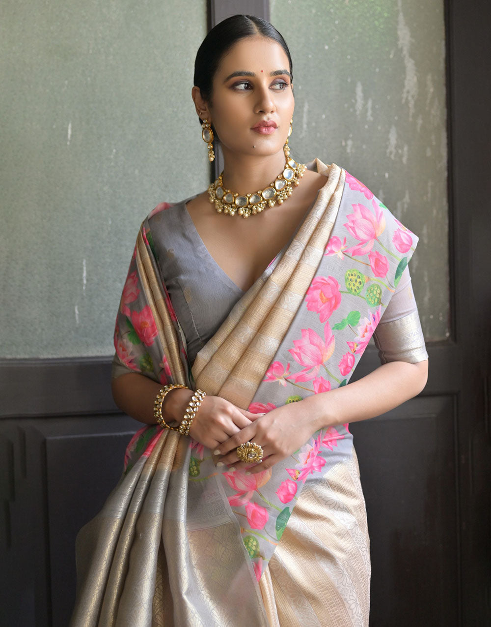 Grey & Cream Soft Silk Saree With Flower Printed Work