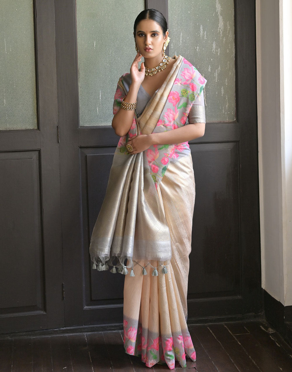 Grey & Cream Soft Silk Saree With Flower Printed Work