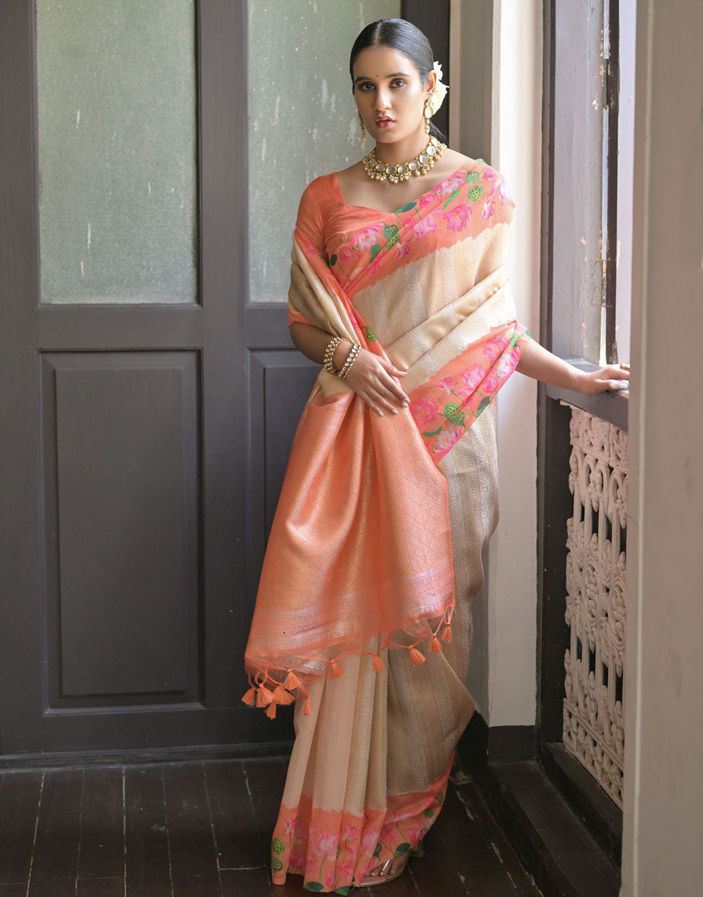 Peach & Cream Soft Silk Saree With Flower Printed Work