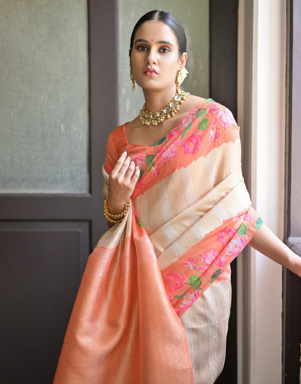 Peach & Cream Soft Silk Saree With Flower Printed Work