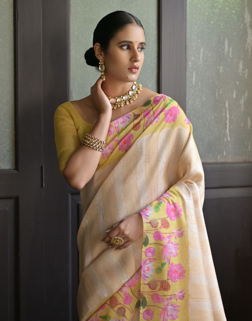 Yellow & Cream Soft Silk Saree With Flower Printed Work