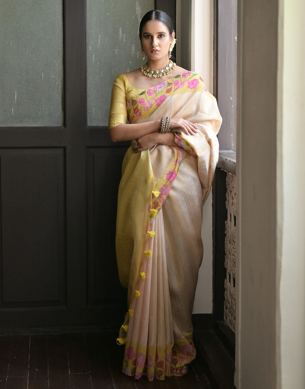 Yellow & Cream Soft Silk Saree With Flower Printed Work