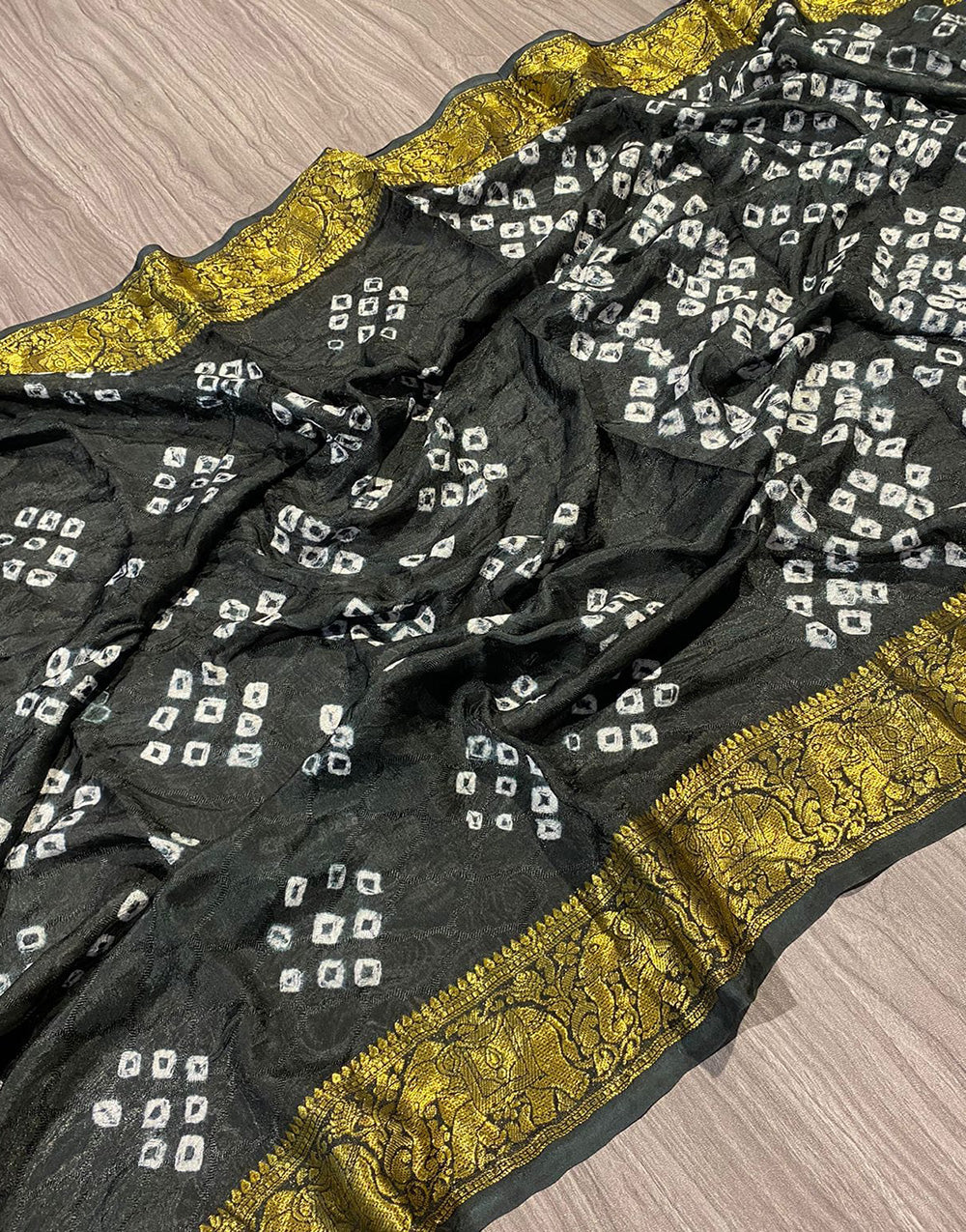 Black Hand Bandhej Bandhani Saree With Waving Work