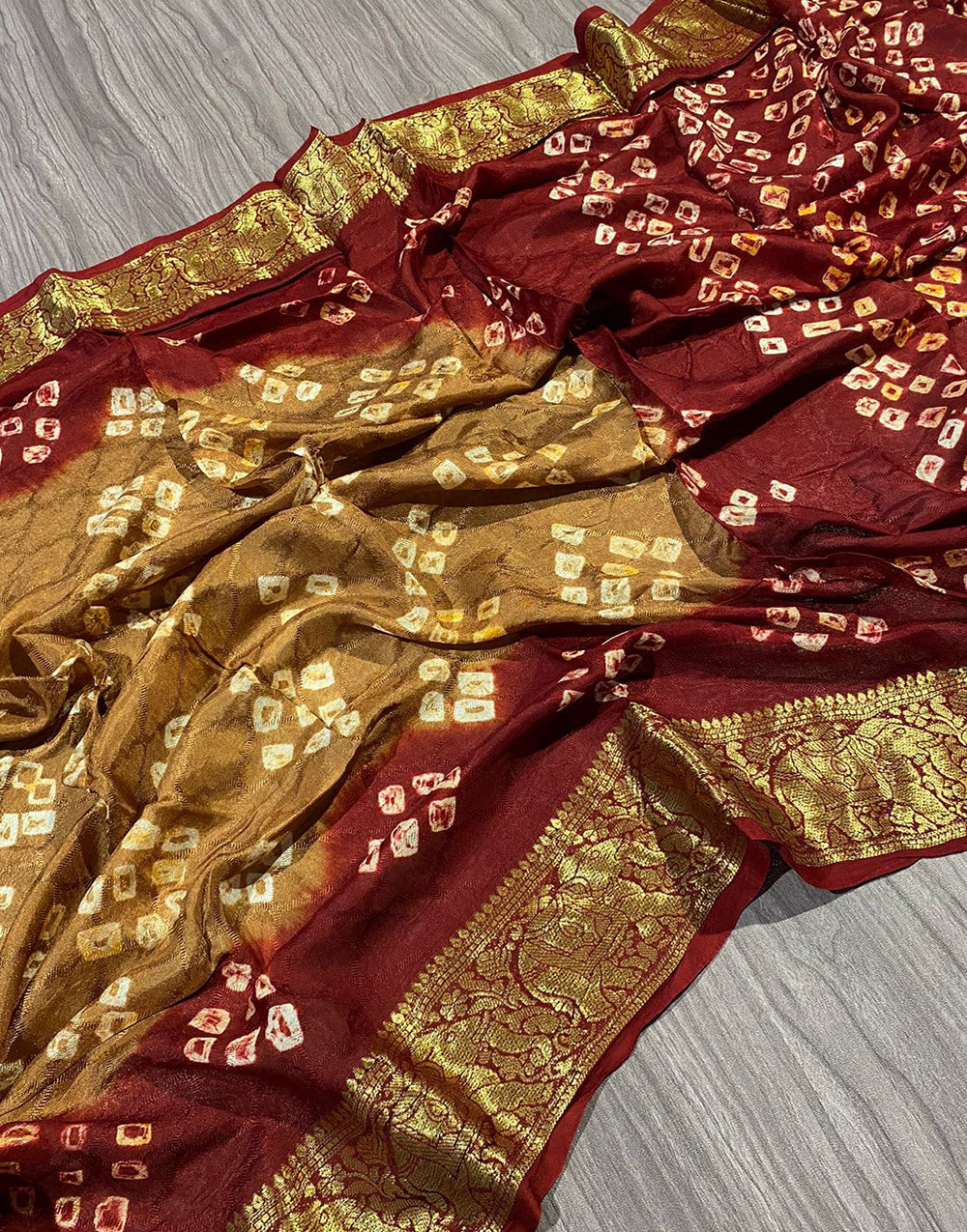 Chiku And Maroon Hand Bandhej Bandhani Saree With Waving Work