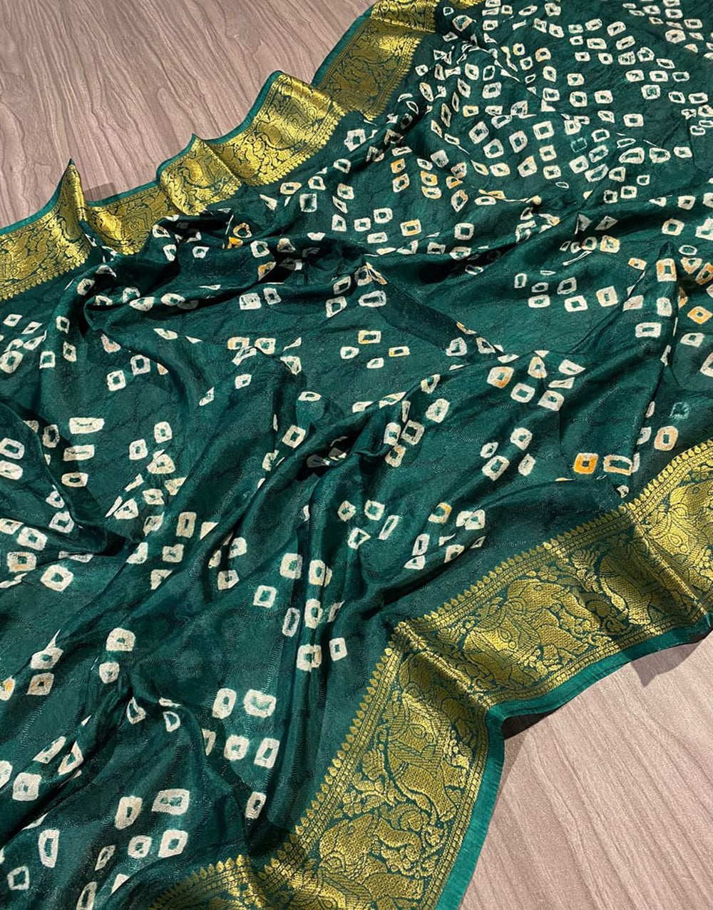 Green Hand Bandhej Bandhani Saree With Waving Work