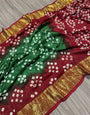 Green & Red Hand Bandhej Bandhani Saree With Waving Work