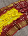 Lemon Yellow & Maroon Hand Bandhej Bandhani Saree With Waving Work
