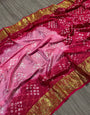 Pink Hand Bandhej Bandhani Saree With Waving Work