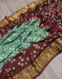 Pista & Maroon Hand Bandhej Bandhani Saree With Waving Border