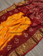 Orange & Maroon Hand Bandhej Bandhani Saree With Waving Work