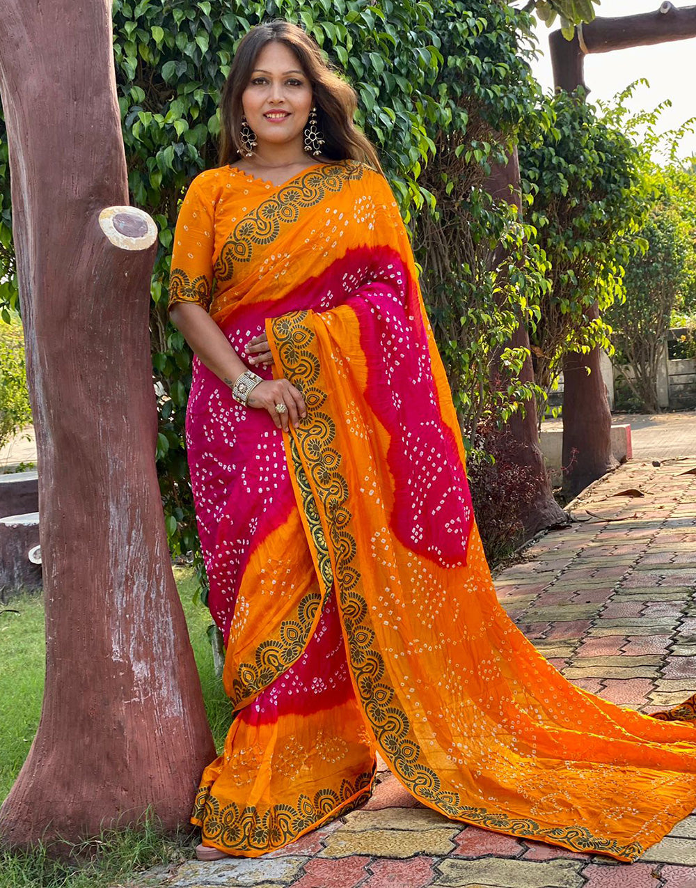 Orange And Red Bandhej Silk Saree With Zari Waving Work