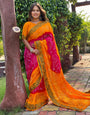 Orange & Pink Bandhej Silk Saree With Zari Waving Border