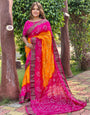 Pink & Yellow Bandhej Silk Saree With Zari Waving Work