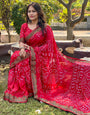 Red Bandhej Silk Saree With Zari Waving Work