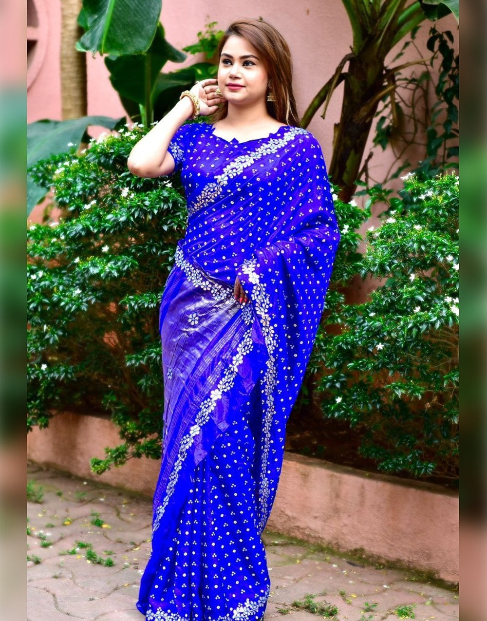 Blue Silk saree With Gota Patti Border & Block Bandhej Print