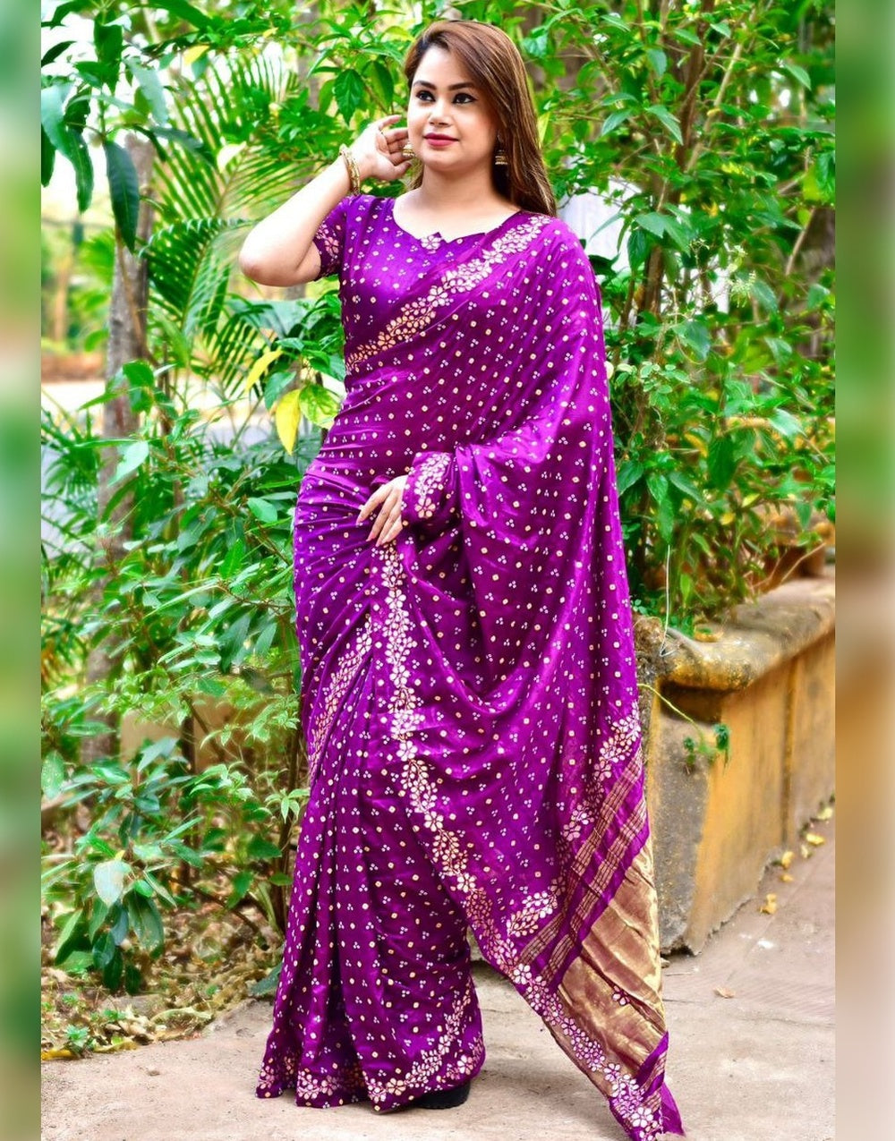 Purple Silk saree With Gota Patti Border & Block Bandhej Print