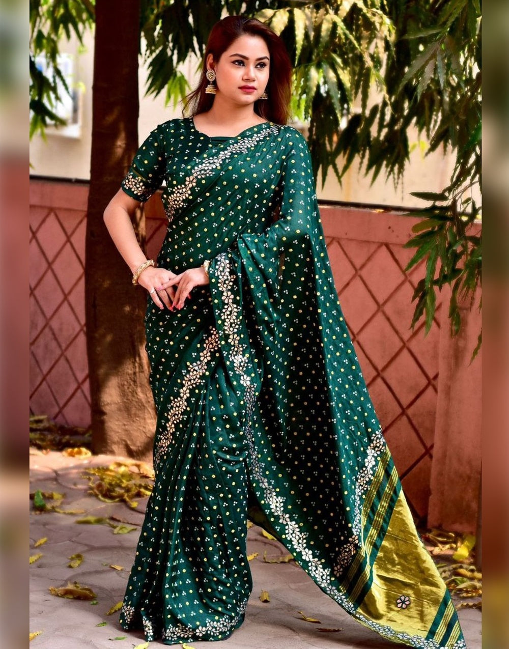 Dark Green Silk Saree With Gota Patti Border & Block Bandhej Print