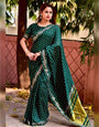 Dark Green Silk Saree With Gota Patti Border & Block Bandhej Print