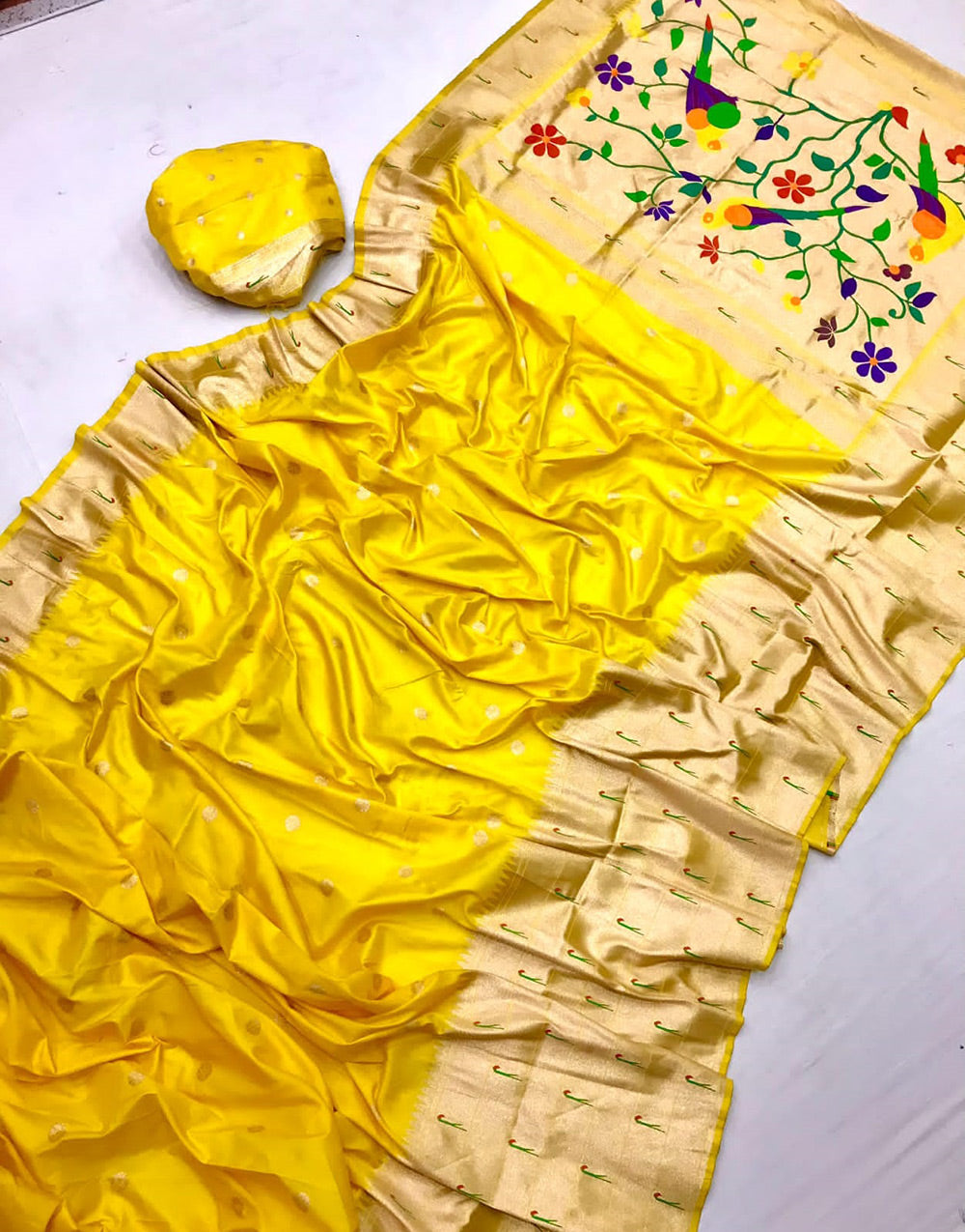 Yellow Paithani Silk Saree With Weaving Work