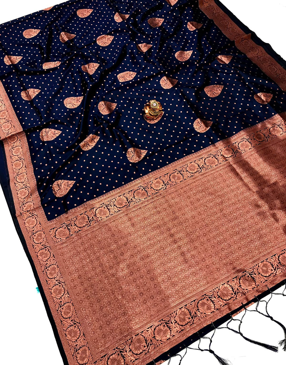 Dark Blue Banarasi Silk Saree With Copper Zari Weaving Work