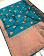 Peacock Blue Banarasi Silk Saree With Copper Zari Weaving Work