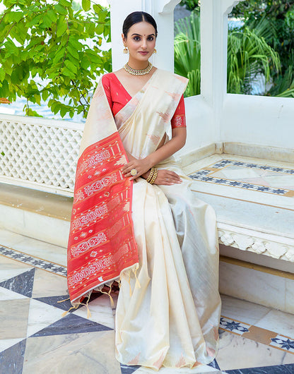 White Soft Tussar Silk Saree With Zari Weaving Work