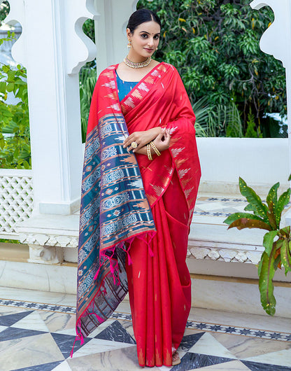 Strawberry Pink Soft Tussar Silk Saree With Zari Weaving Work