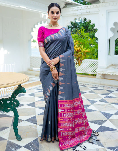 Grey Soft Tussar Silk Saree With Zari Weaving Work