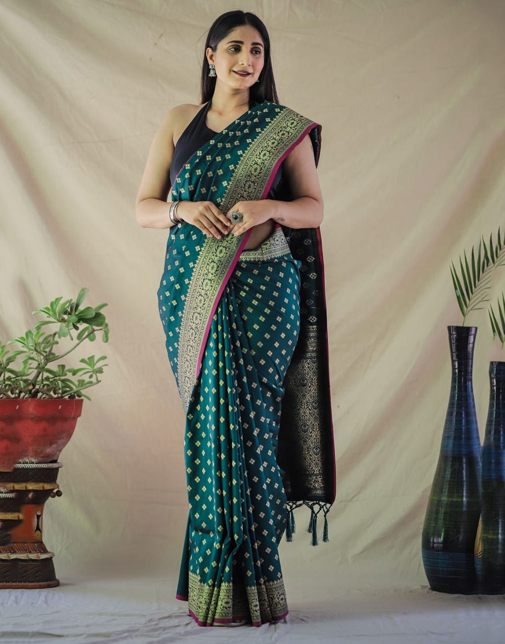 Castleton Green Banarasi Silk Saree With Zari Weaving Work