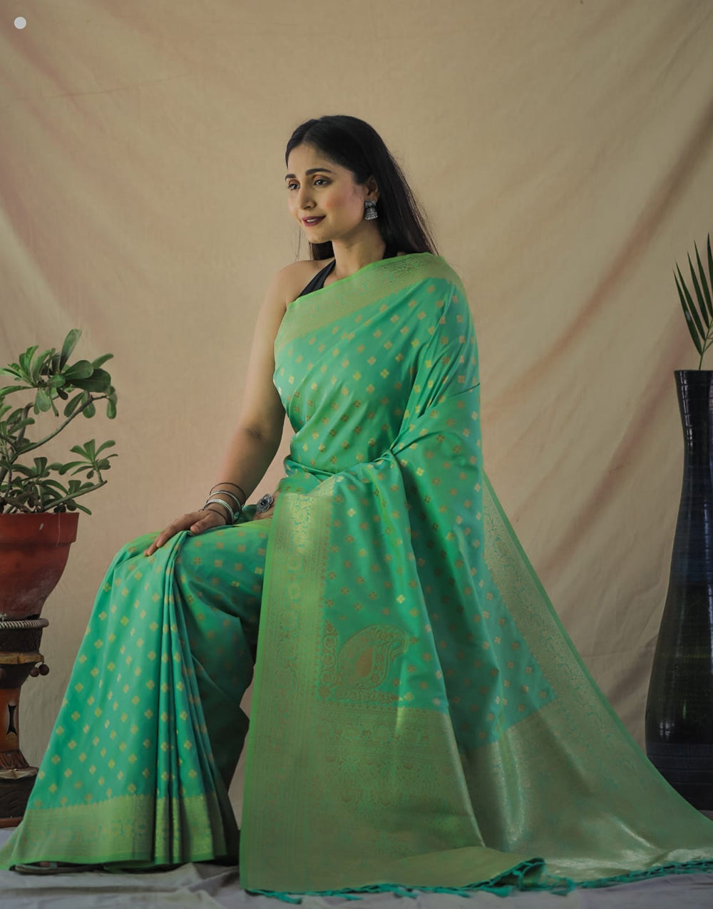 Spring Green Banarasi Silk Saree With Zari Weaving Work