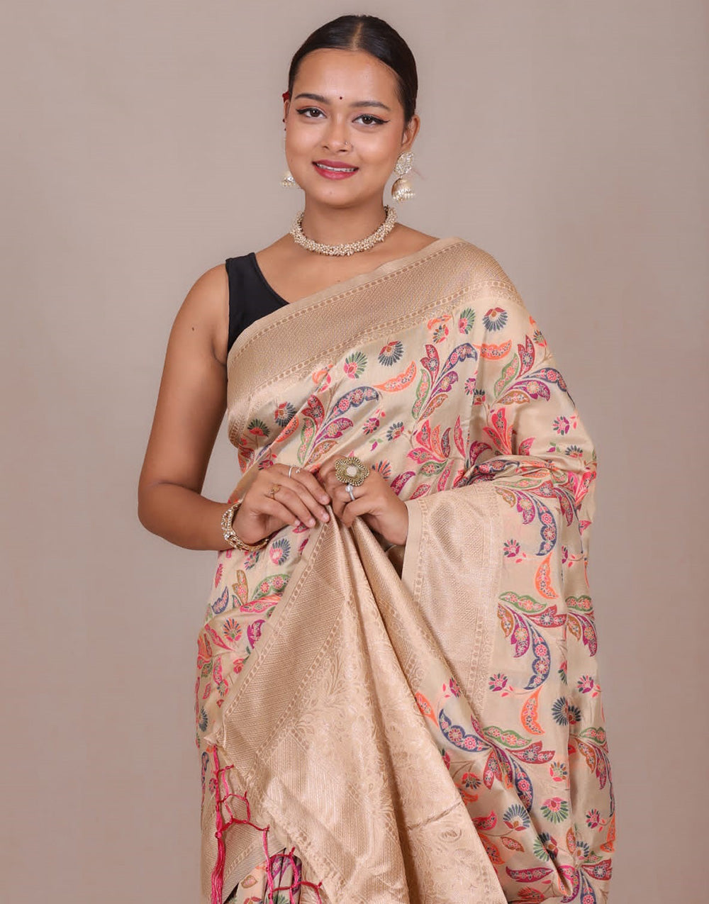 Cream Banarasi Silk Saree With Zari Weaving Work