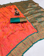 Orange Soda & Green Banarasi Silk Saree With Zari Weaving Work