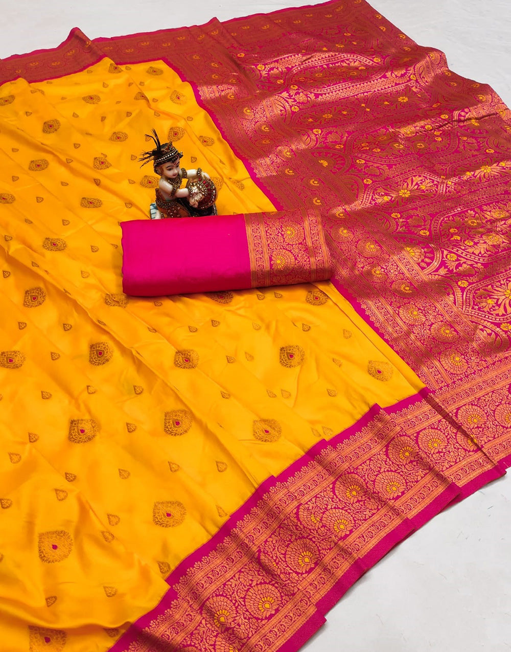 Yellow & Pink Banarasi Silk Saree With Zari Weaving Work