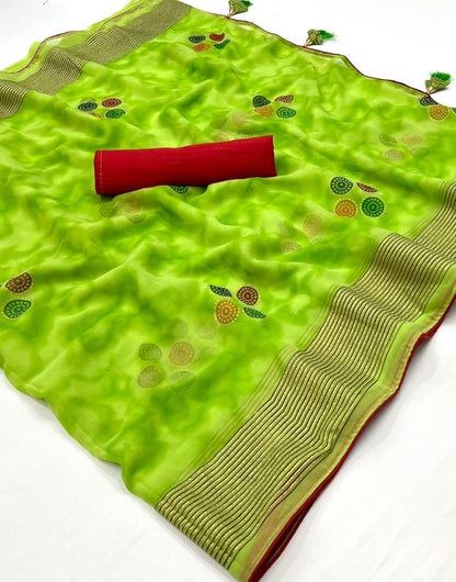 Light Green Georgette Foil Printed Saree With Allover Piping