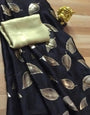Black Satin Silk Saree With Golden Foil Printed Work