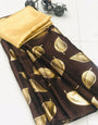 Brown Satin Silk Saree With Golden Foil Printed Work