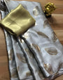 Grey Satin Silk Saree With Golden Foil Printed Work