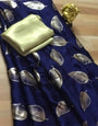 Navy Blue Satin Silk Saree With Golden Foil Printed Work