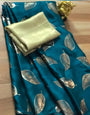 Rama Blue Satin Silk Saree With Golden Foil Printed Work